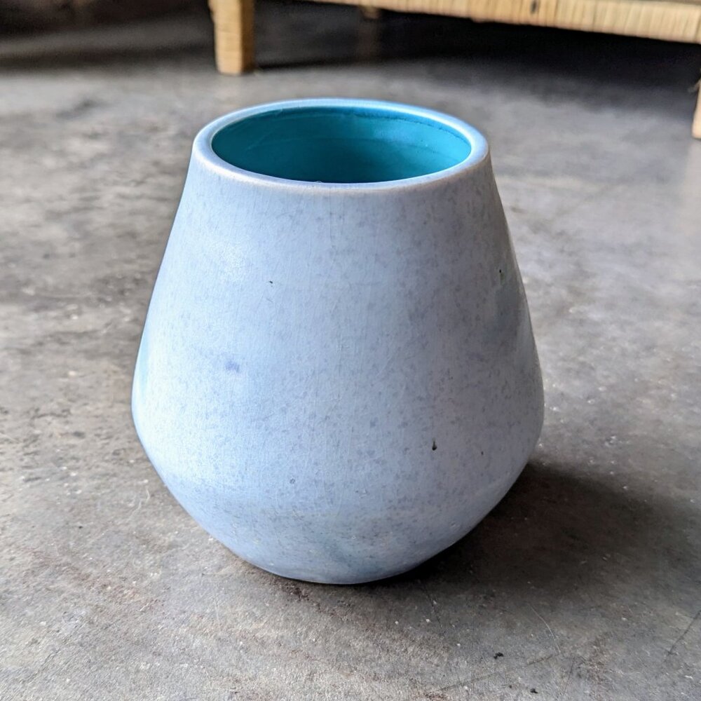 Vintage Cottagecore Shabby Chic Blue Painted Wide Mouth Ceramic Vase